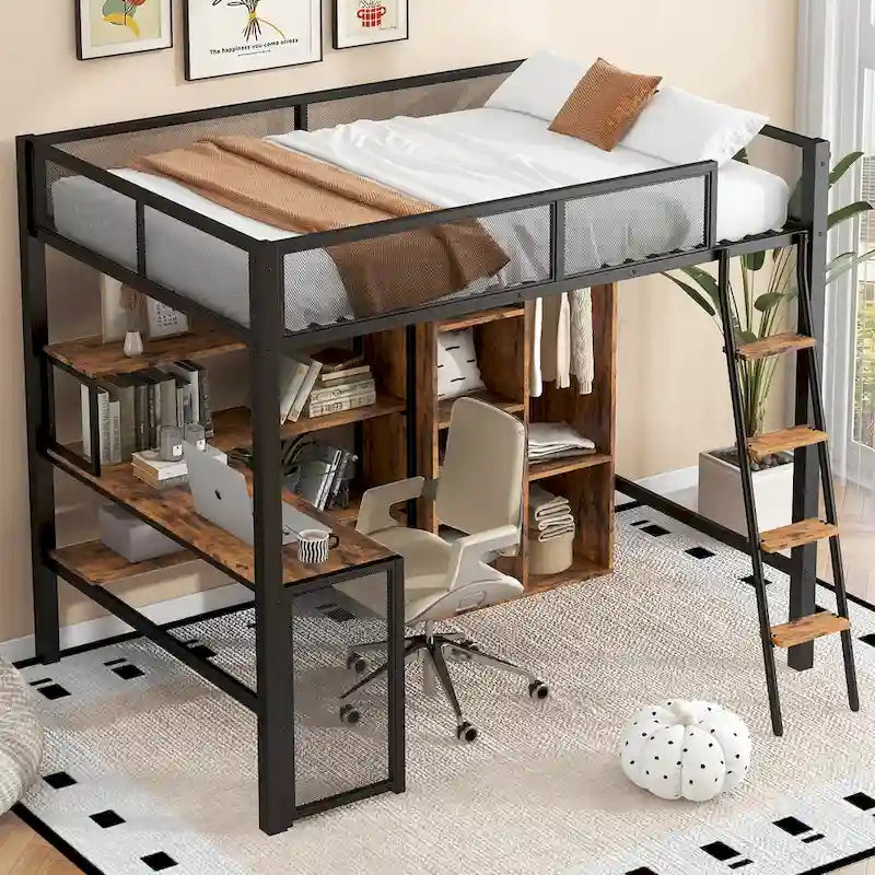 Full Size Metal Loft bed with Built-in Desk, Wardrobeand Shelves