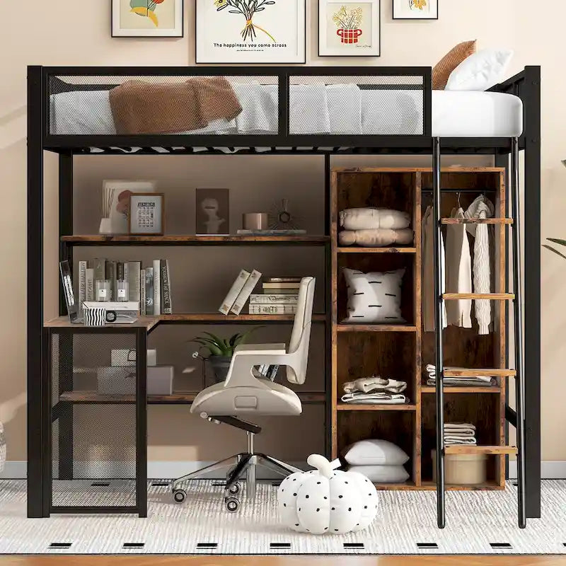Full Size Metal Loft bed with Built-in Desk, Wardrobeand Shelves