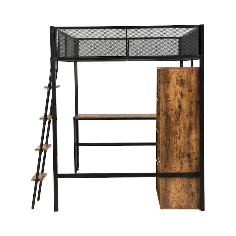 Full Size Metal Loft bed with Built-in Desk, Wardrobeand Shelves