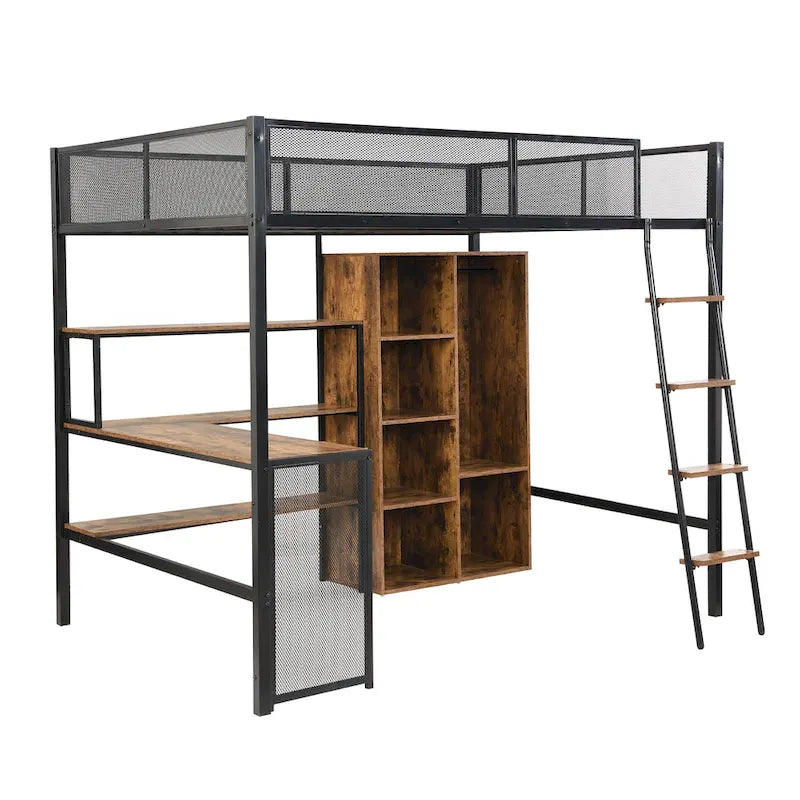 Full Size Metal Loft bed with Built-in Desk, Wardrobeand Shelves