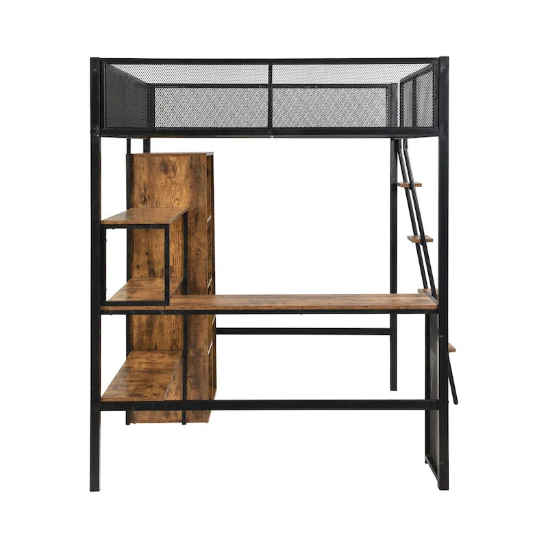 Full Size Metal Loft bed with Built-in Desk, Wardrobeand Shelves