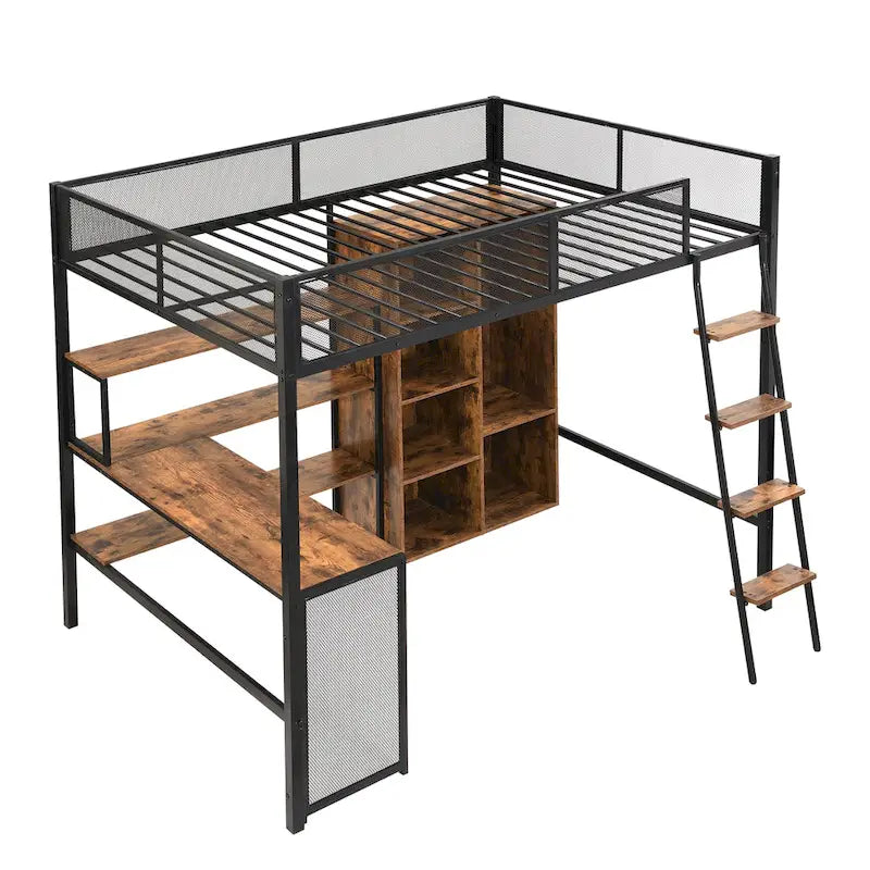 Full Size Metal Loft bed with Built-in Desk, Wardrobeand Shelves