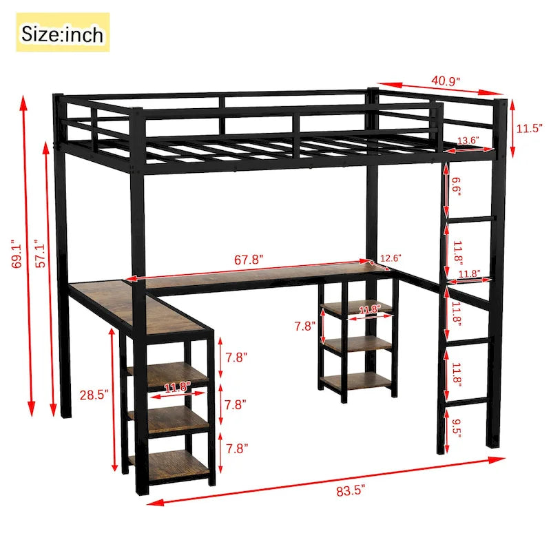 Twin XL Metal Loft Bed with Desk and Shelves