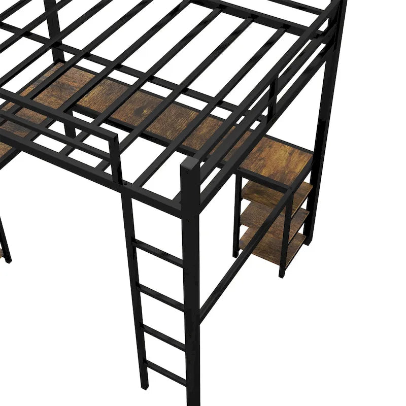 Twin XL Metal Loft Bed with Desk and Shelves