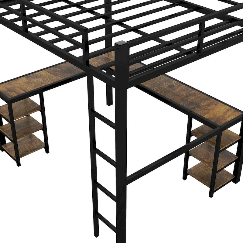 Twin XL Metal Loft Bed with Desk and Shelves