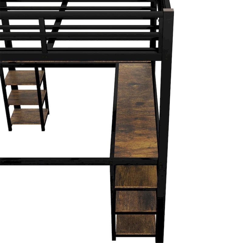 Twin XL Metal Loft Bed with Desk and Shelves