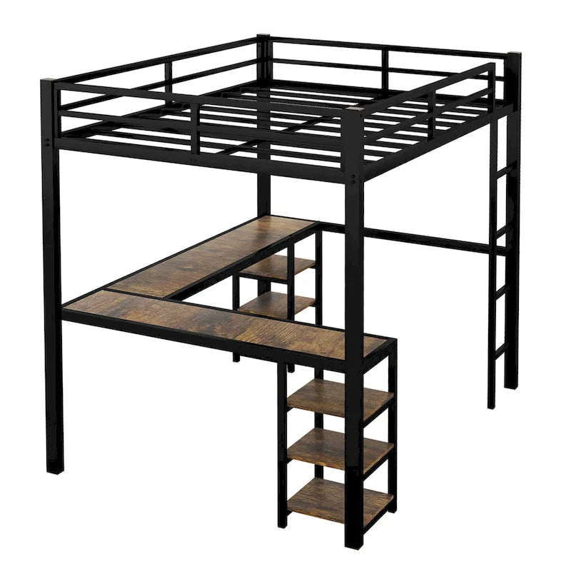 Twin XL Metal Loft Bed with Desk and Shelves