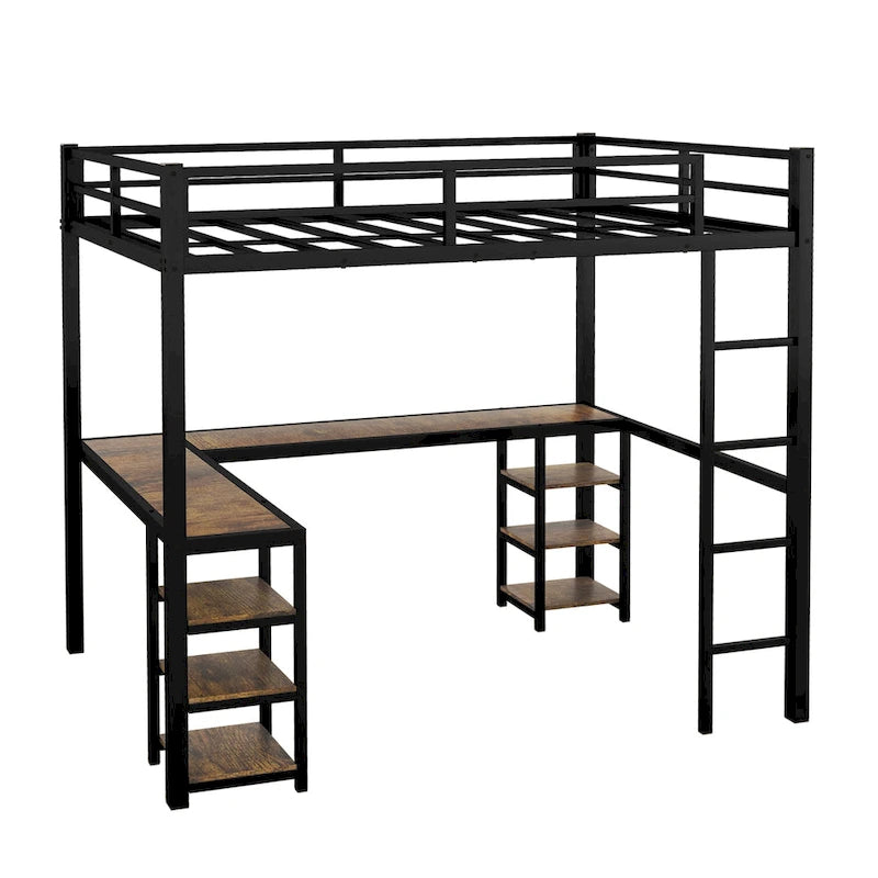 Twin XL Metal Loft Bed with Desk and Shelves