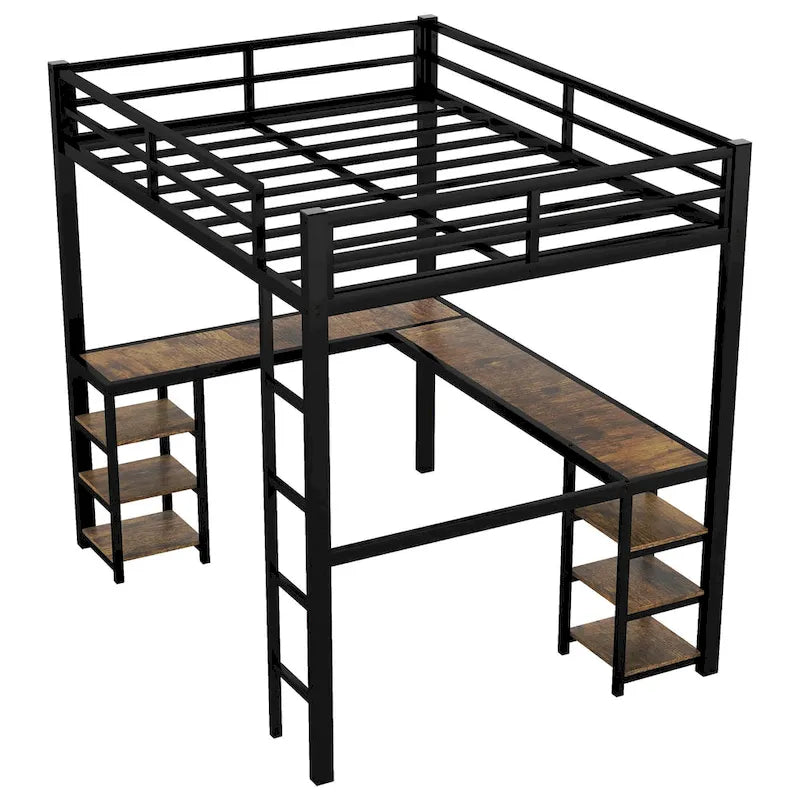 Twin XL Metal Loft Bed with Desk and Shelves