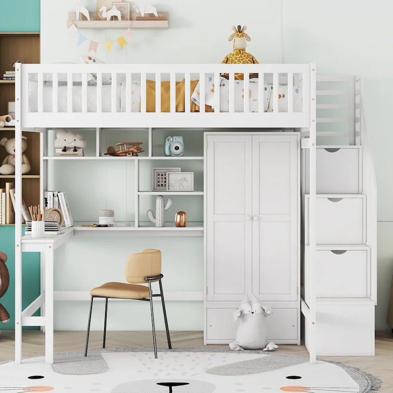 Full size Loft Bed with Bookshelf,Drawers,Desk,and Wardrobe