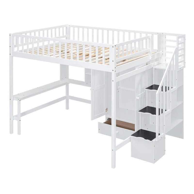 Full size Loft Bed with Bookshelf,Drawers,Desk,and Wardrobe
