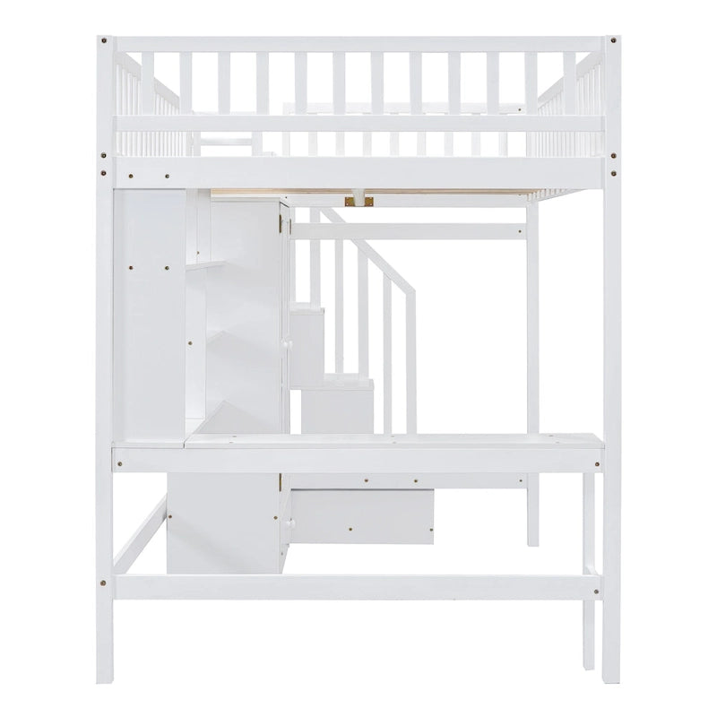 Full size Loft Bed with Bookshelf,Drawers,Desk,and Wardrobe