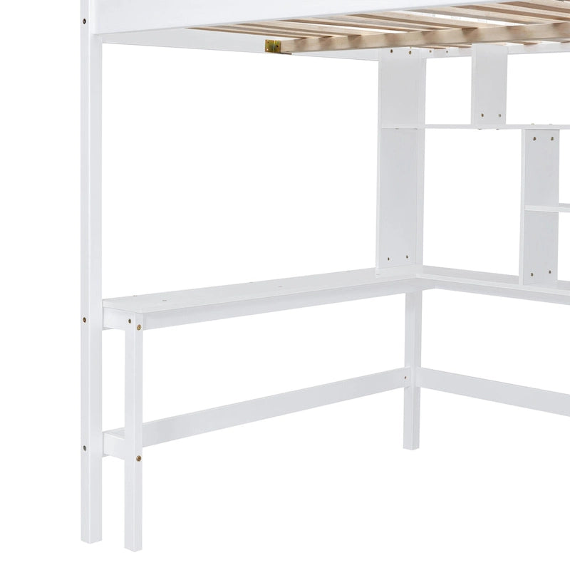 Full size Loft Bed with Bookshelf,Drawers,Desk,and Wardrobe