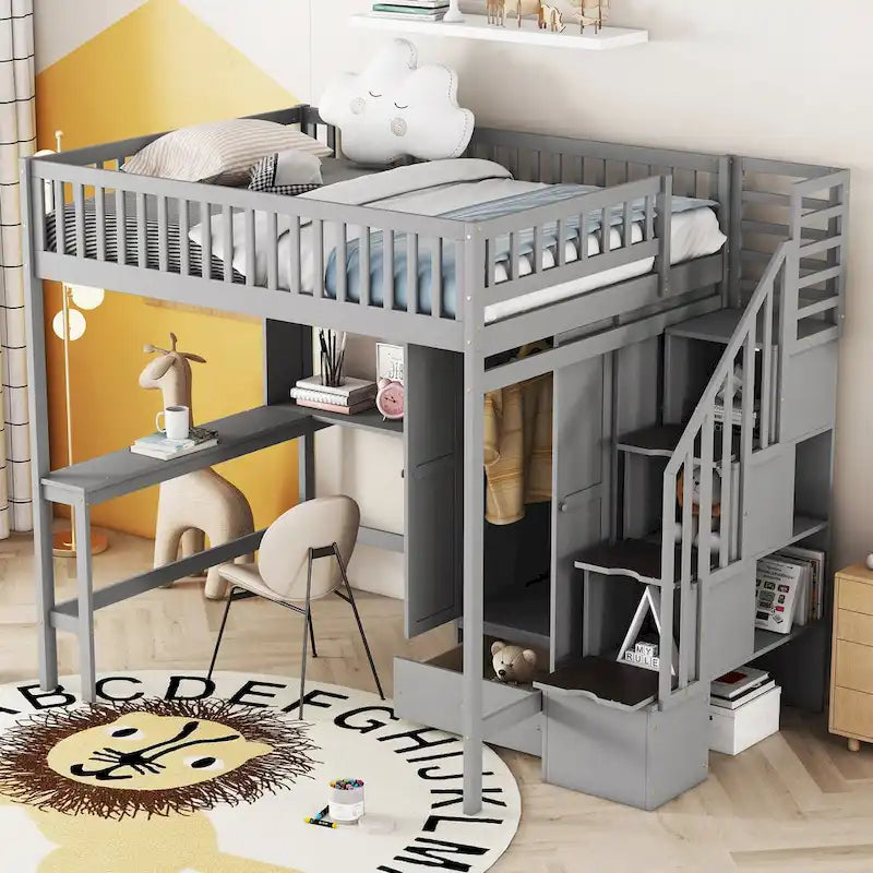 Full size Loft Bed with Bookshelf,Drawers,Desk,and Wardrobe