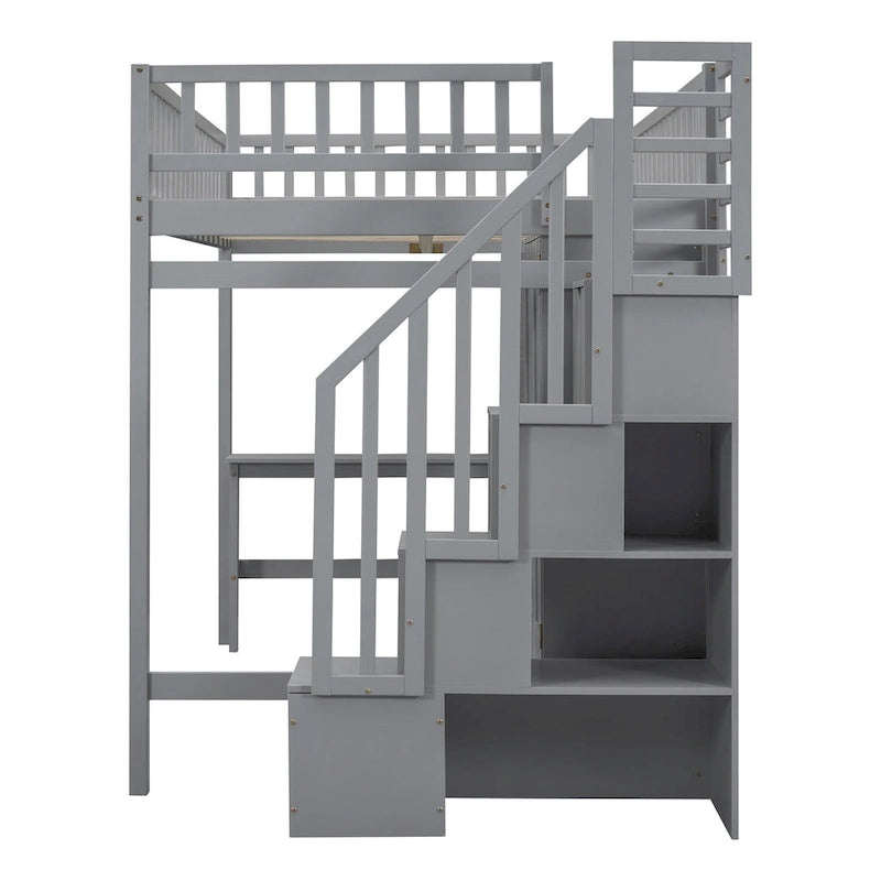 Full size Loft Bed with Bookshelf,Drawers,Desk,and Wardrobe