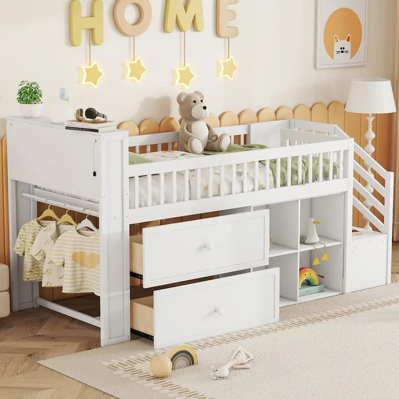 Twin Size Loft Bed with LED and Bookshelf, Wood Low Loft Bed with Stairs