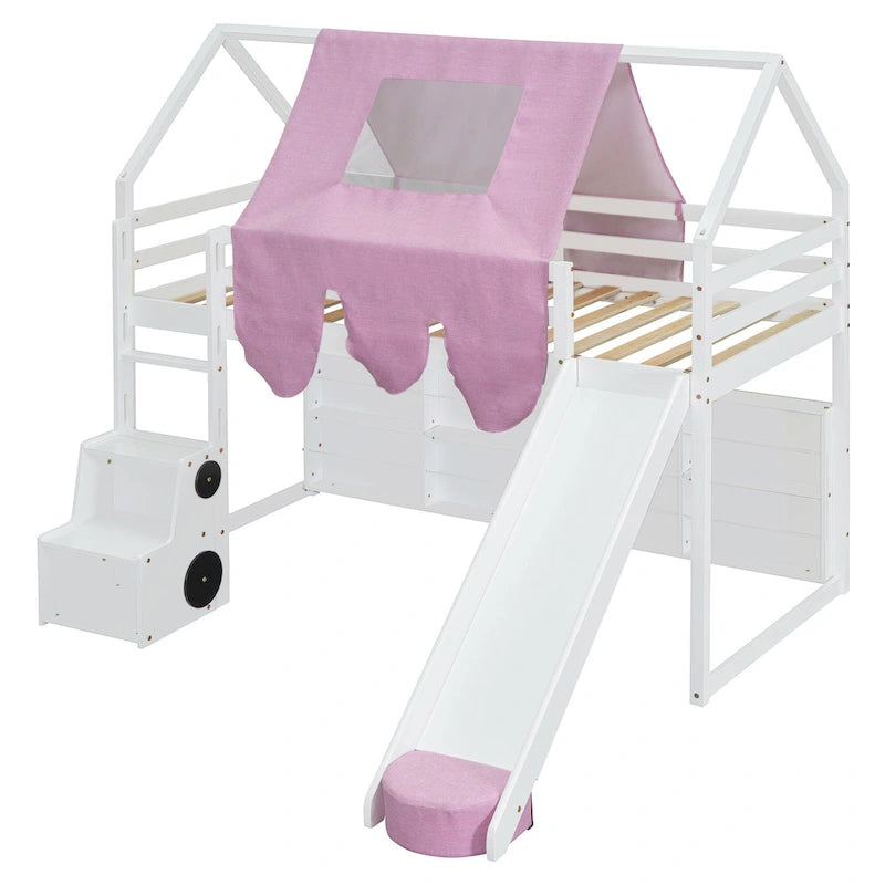 Twin size Wooden Loft Bed House-shaped Frame with a Tent