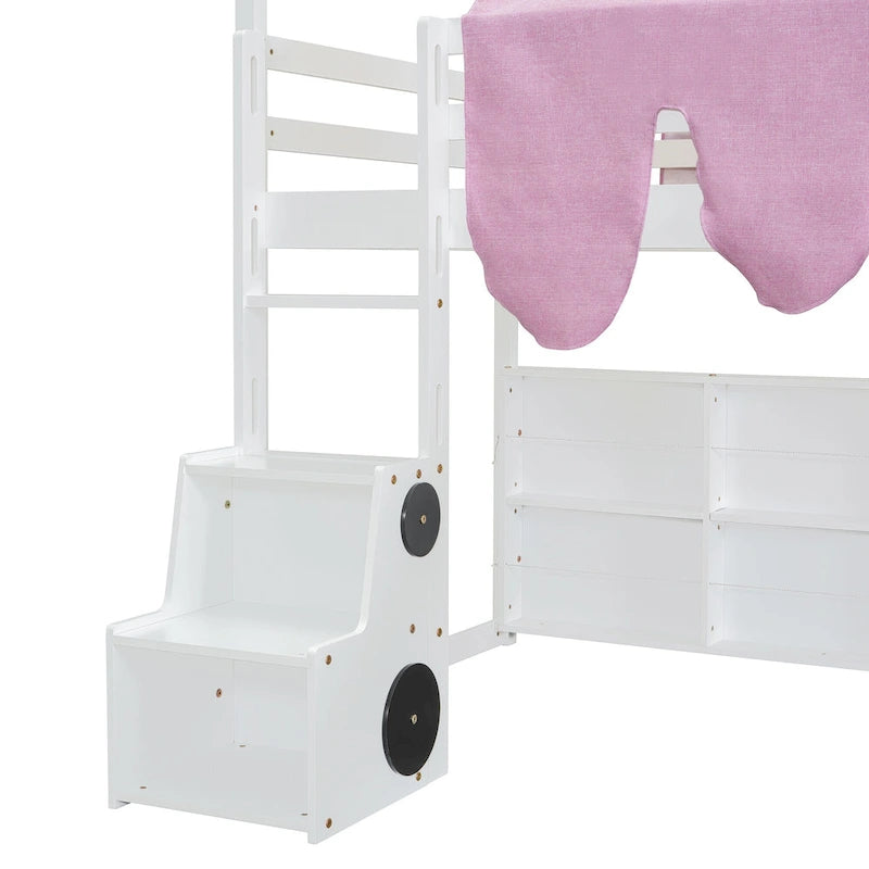 Twin size Wooden Loft Bed House-shaped Frame with a Tent