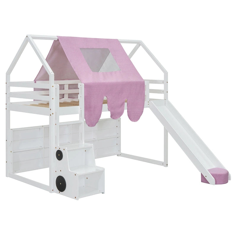 Twin size Wooden Loft Bed House-shaped Frame with a Tent