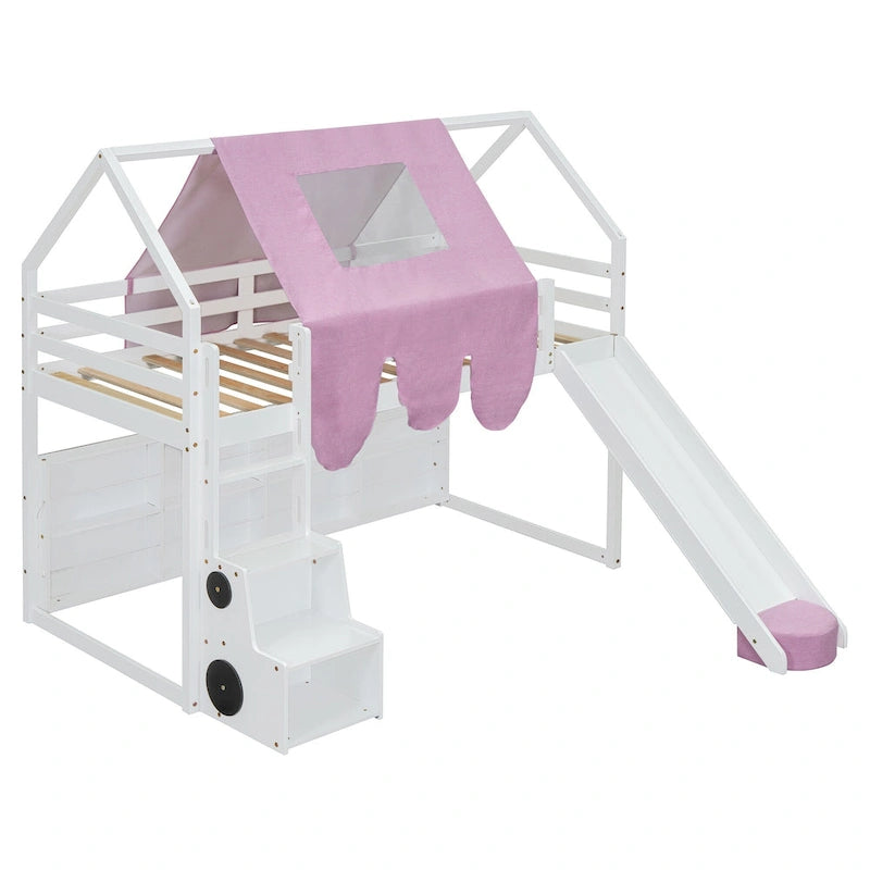Twin size Wooden Loft Bed House-shaped Frame with a Tent