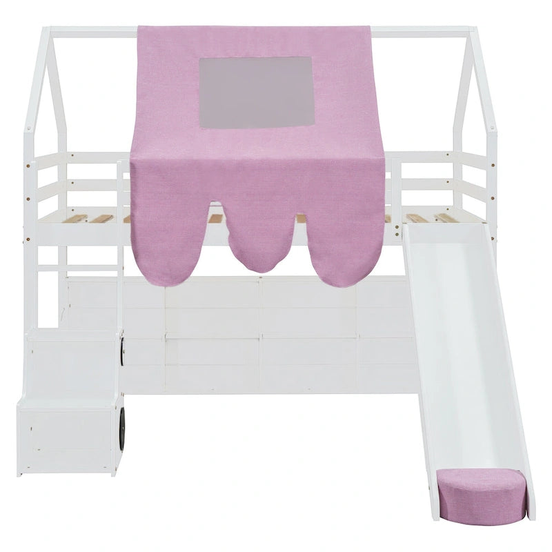 Twin size Wooden Loft Bed House-shaped Frame with a Tent
