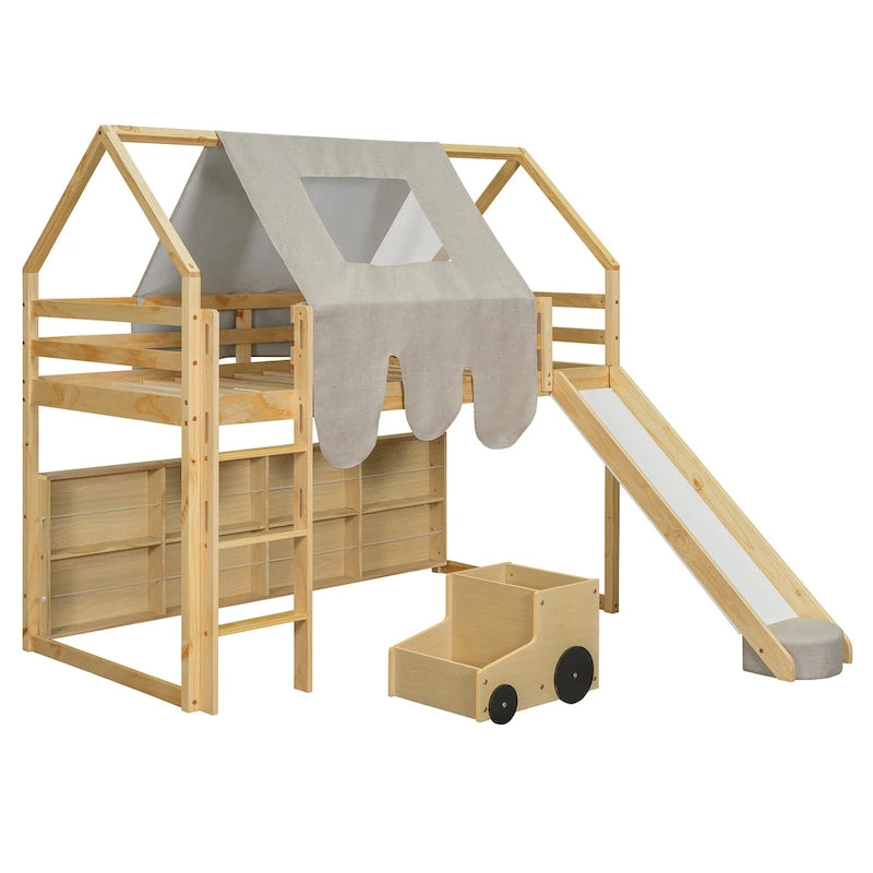 Twin size Wooden Loft Bed House-shaped Frame with a Tent