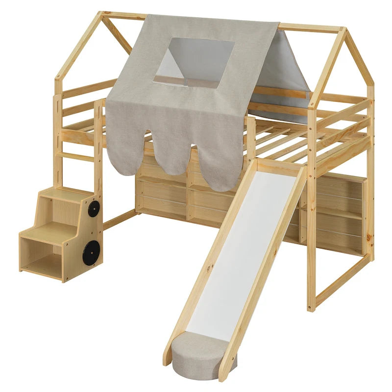 Twin size Wooden Loft Bed House-shaped Frame with a Tent