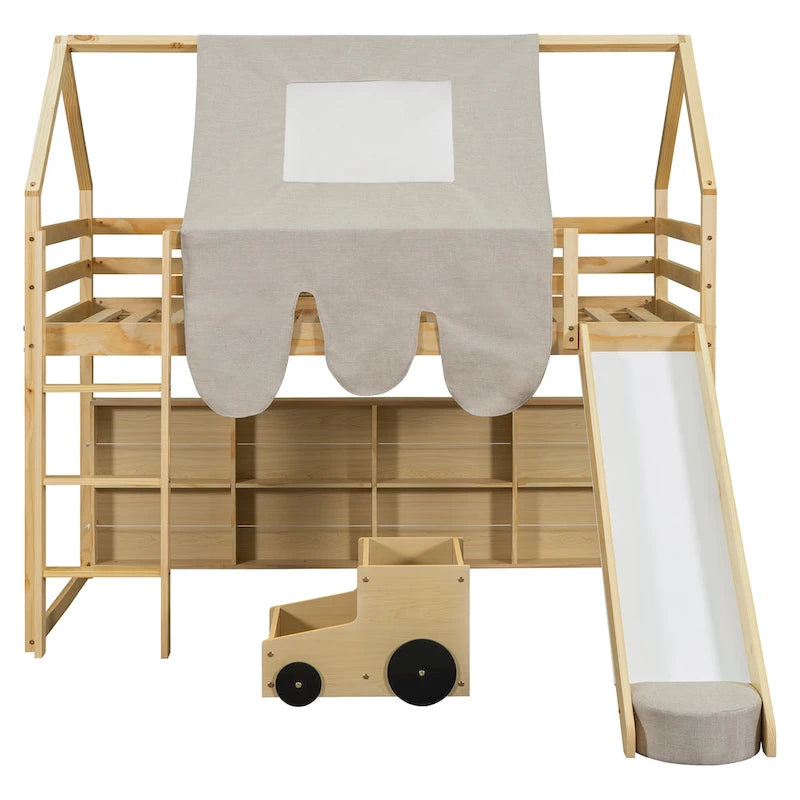 Twin size Wooden Loft Bed House-shaped Frame with a Tent