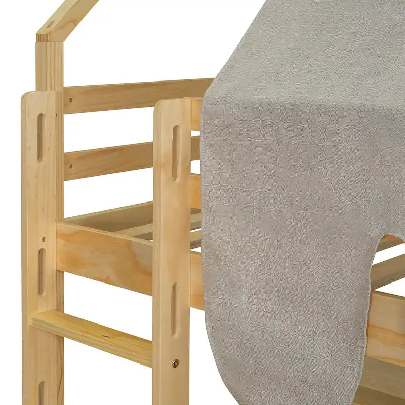Twin size Wooden Loft Bed House-shaped Frame with a Tent