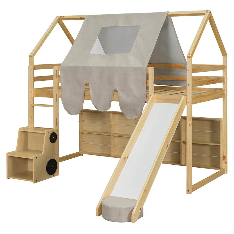 Twin size Wooden Loft Bed House-shaped Frame with a Tent