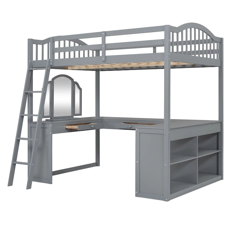 Full Wooden Loft Bed with U-shaped Desk,Storage Compartments and Tri-fold Mirror
