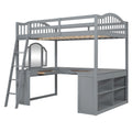 Full Wooden Loft Bed with U-shaped Desk,Storage Compartments and Tri-fold Mirror