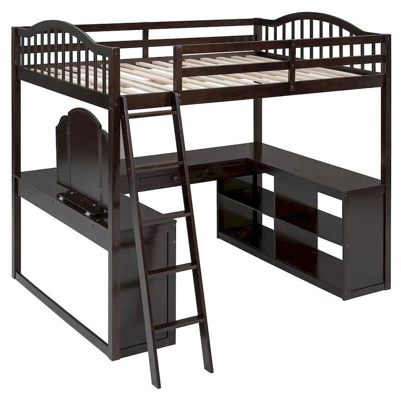 Full Wooden Loft Bed with U-shaped Desk,Storage Compartments and Tri-fold Mirror