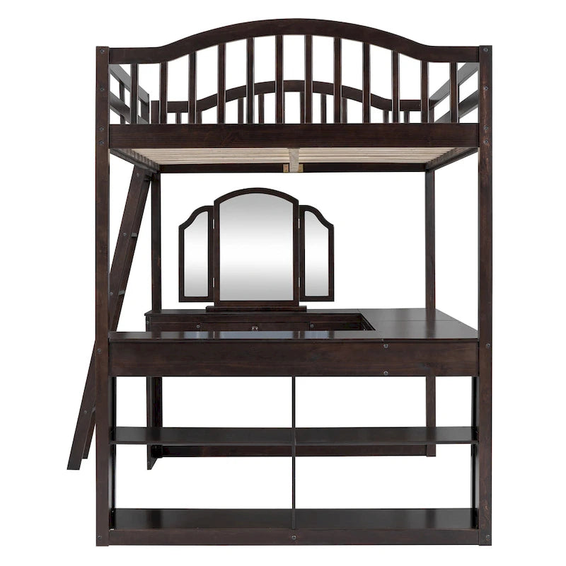 Full Wooden Loft Bed with U-shaped Desk,Storage Compartments and Tri-fold Mirror