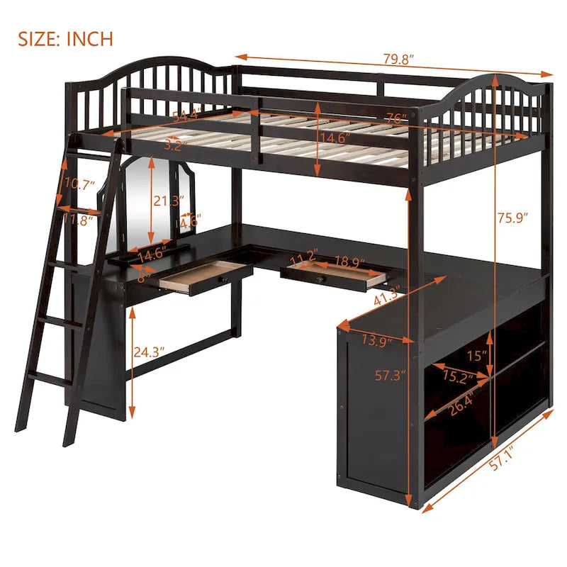 Full Wooden Loft Bed with U-shaped Desk,Storage Compartments and Tri-fold Mirror