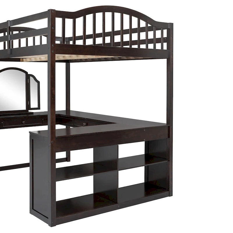 Full Wooden Loft Bed with U-shaped Desk,Storage Compartments and Tri-fold Mirror