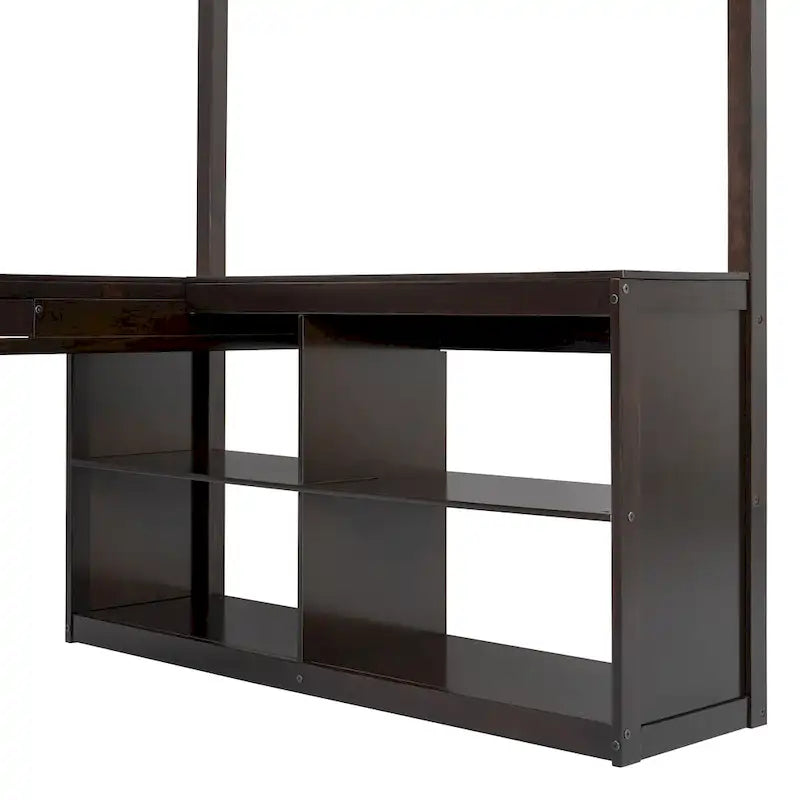 Full Wooden Loft Bed with U-shaped Desk,Storage Compartments and Tri-fold Mirror