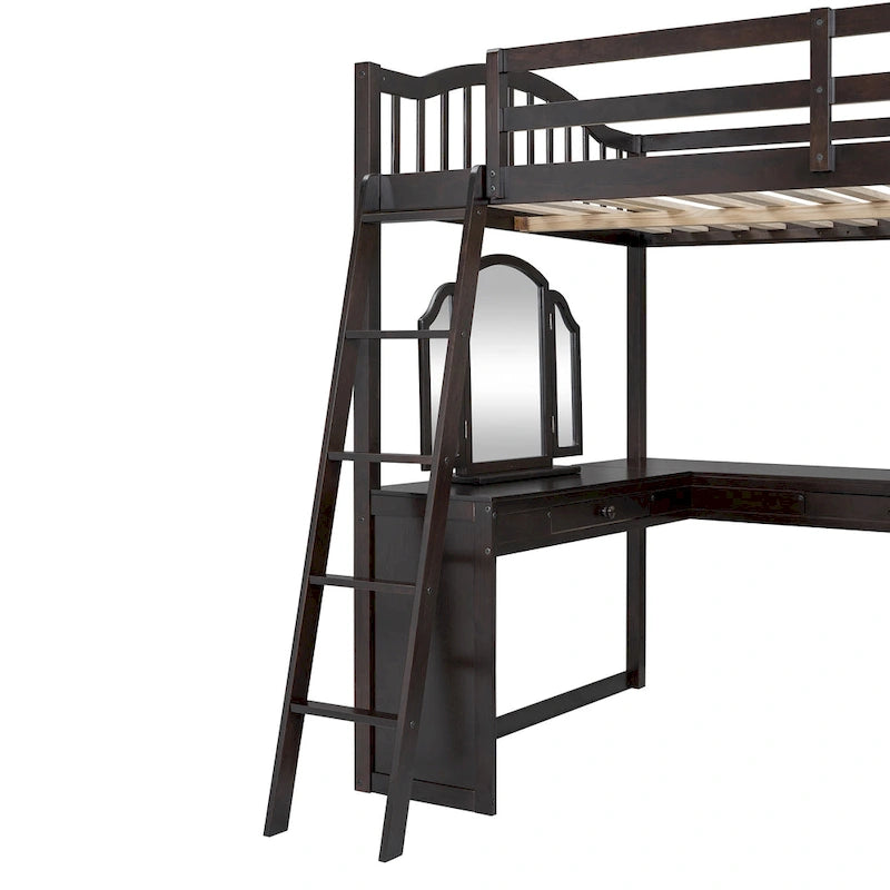 Full Wooden Loft Bed with U-shaped Desk,Storage Compartments and Tri-fold Mirror