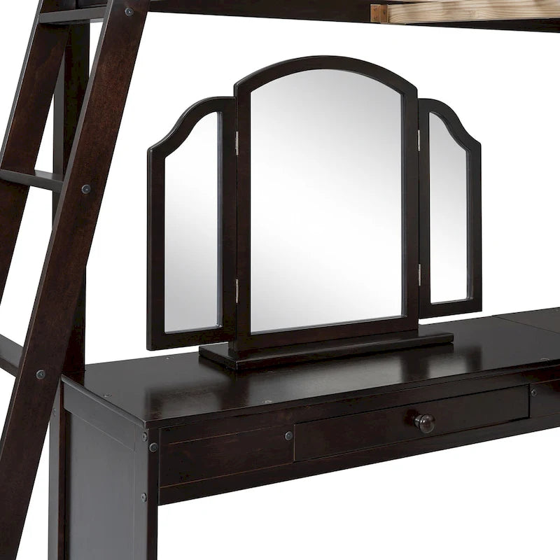 Full Wooden Loft Bed with U-shaped Desk,Storage Compartments and Tri-fold Mirror