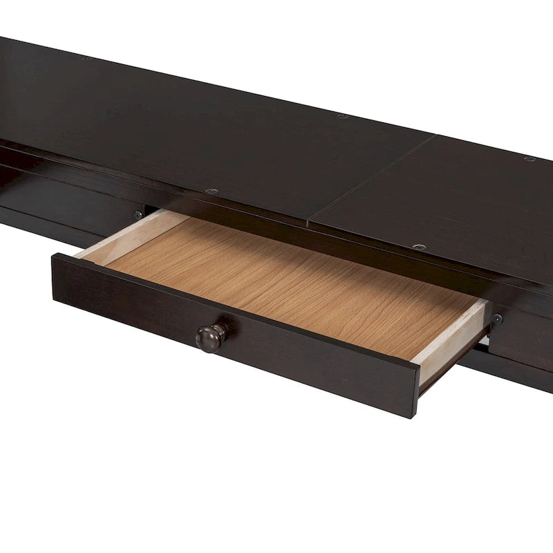 Full Wooden Loft Bed with U-shaped Desk,Storage Compartments and Tri-fold Mirror