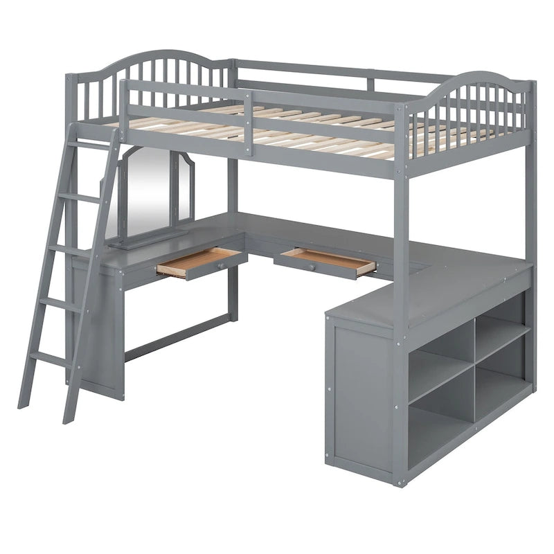 Full Wooden Loft Bed with U-shaped Desk,Storage Compartments and Tri-fold Mirror