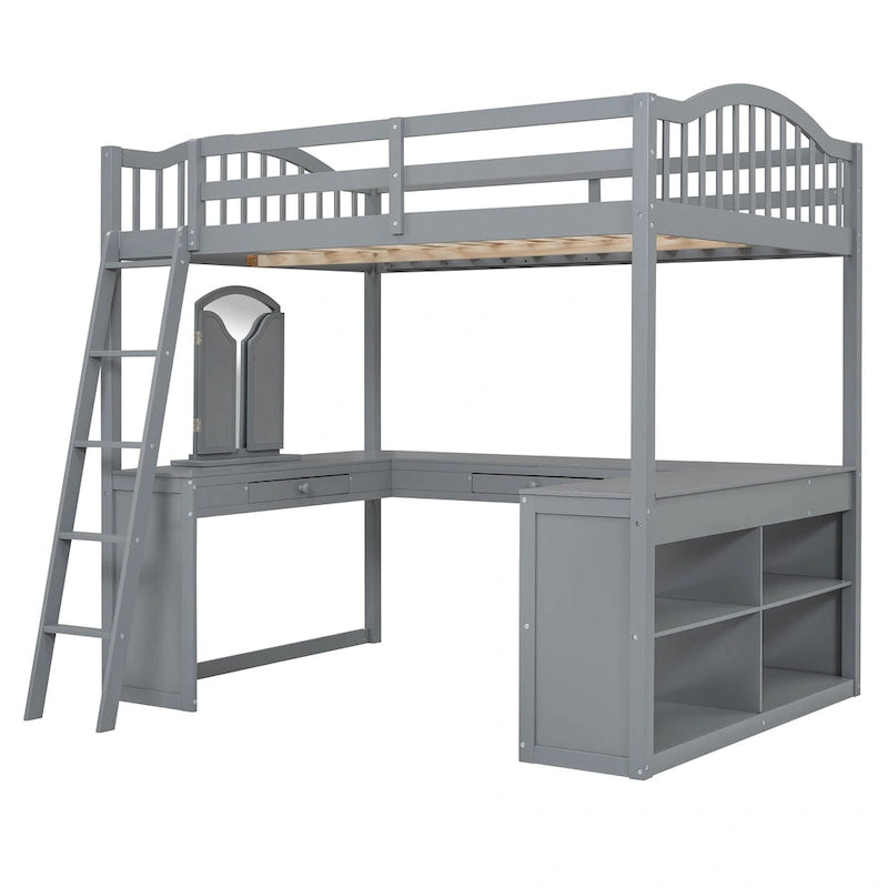 Full Wooden Loft Bed with U-shaped Desk,Storage Compartments and Tri-fold Mirror