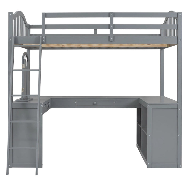 Full Wooden Loft Bed with U-shaped Desk,Storage Compartments and Tri-fold Mirror