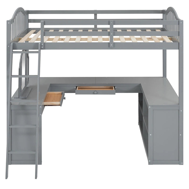 Full Wooden Loft Bed with U-shaped Desk,Storage Compartments and Tri-fold Mirror