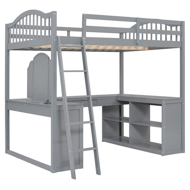 Full Wooden Loft Bed with U-shaped Desk,Storage Compartments and Tri-fold Mirror