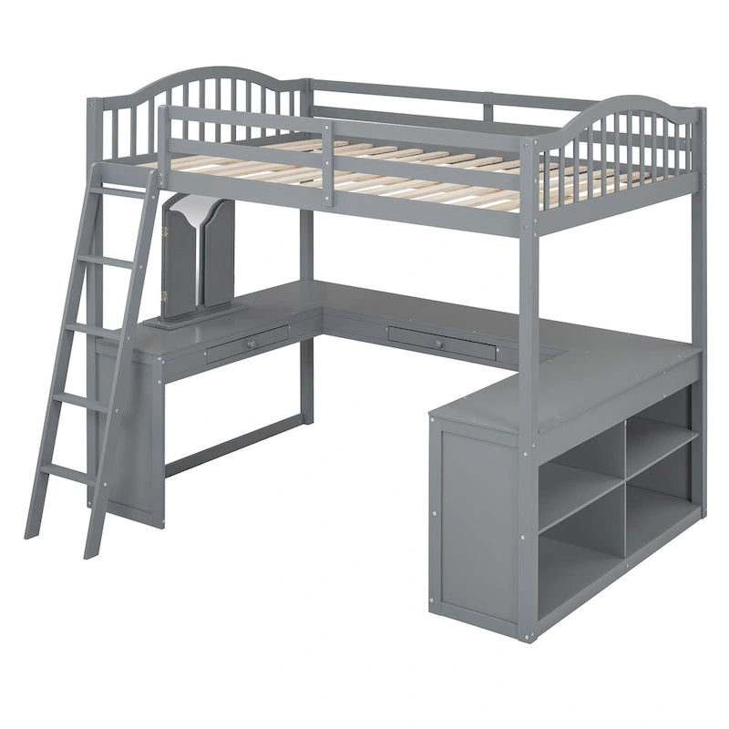 Full Wooden Loft Bed with U-shaped Desk,Storage Compartments and Tri-fold Mirror