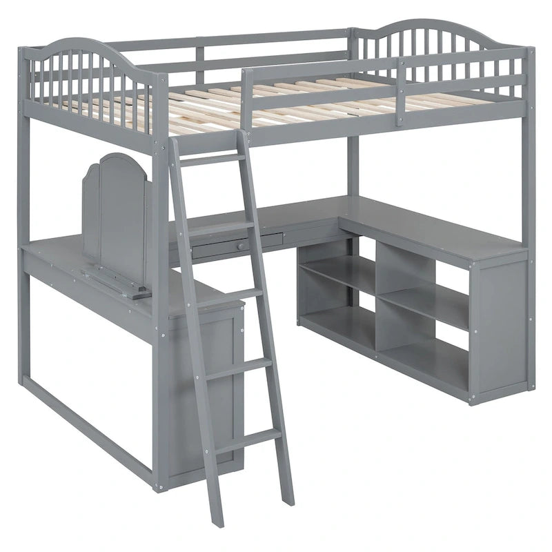 Full Wooden Loft Bed with U-shaped Desk,Storage Compartments and Tri-fold Mirror