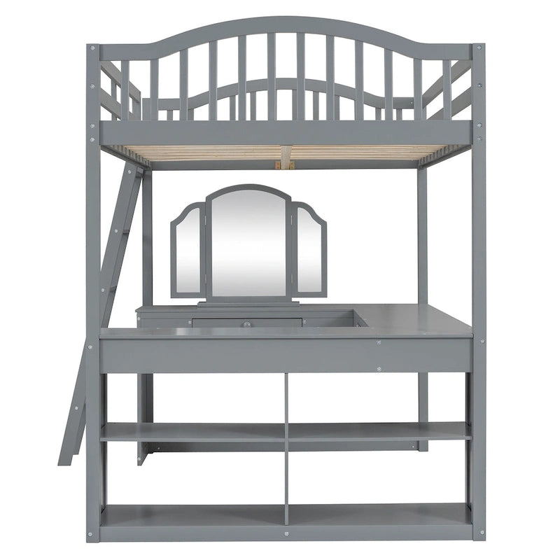 Full Wooden Loft Bed with U-shaped Desk,Storage Compartments and Tri-fold Mirror