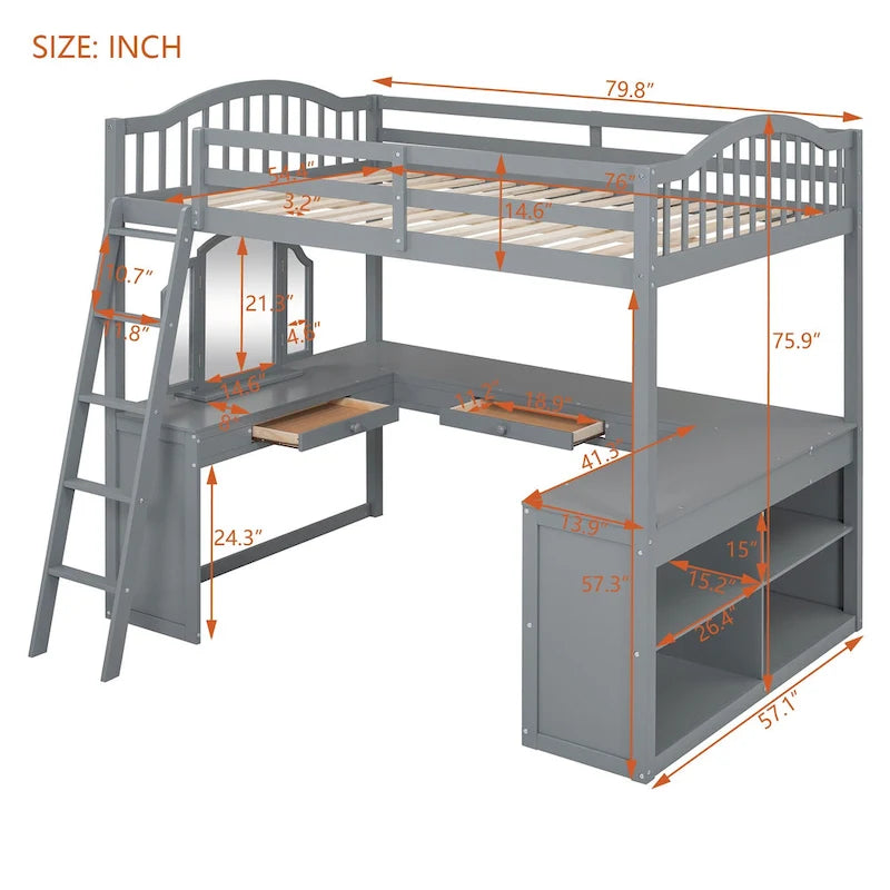 Full Wooden Loft Bed with U-shaped Desk,Storage Compartments and Tri-fold Mirror