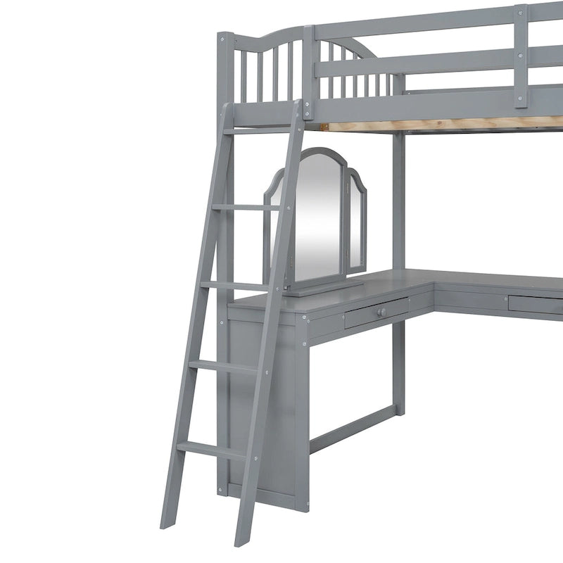 Full Wooden Loft Bed with U-shaped Desk,Storage Compartments and Tri-fold Mirror